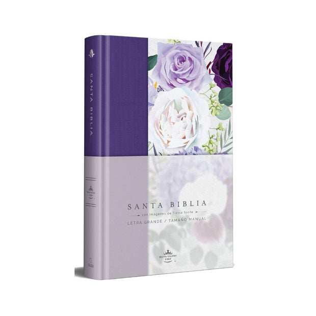 Biblia RVR1960 letra grande Tapa dura y tela moradacon flores tamaño manual